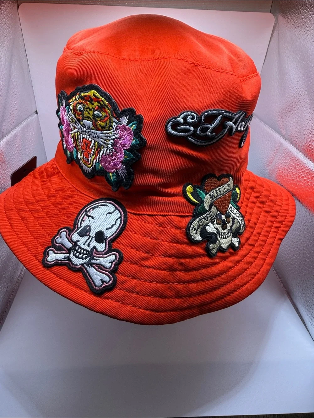 Ed Hardy Red Bucket Hat with Embroidered Skull & Tiger Patches Unisex New